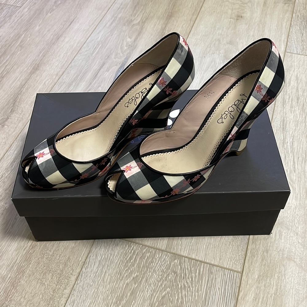 Maloles plaid floral curved wedge peep toe heel*
